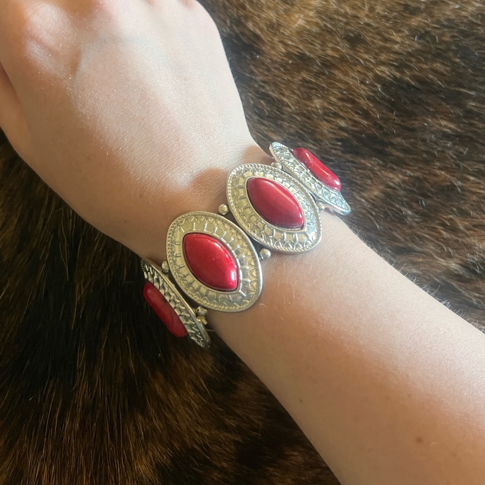 Silver-Tone Bracelet with Red Cabochon Accents - Women Jewelry